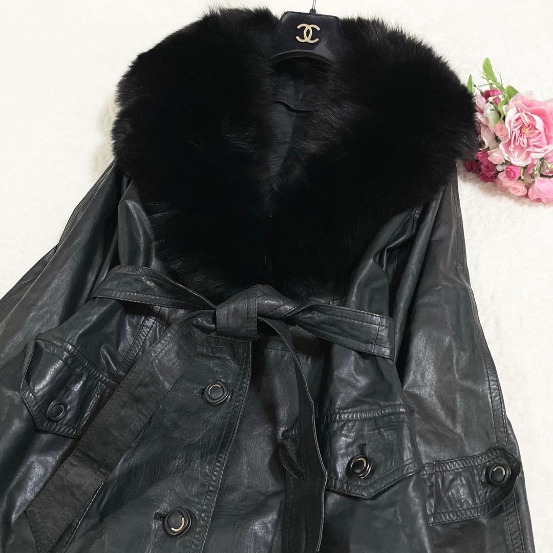 着丈112cm フォックス レザー ロングコート ベルト レディース ブラック