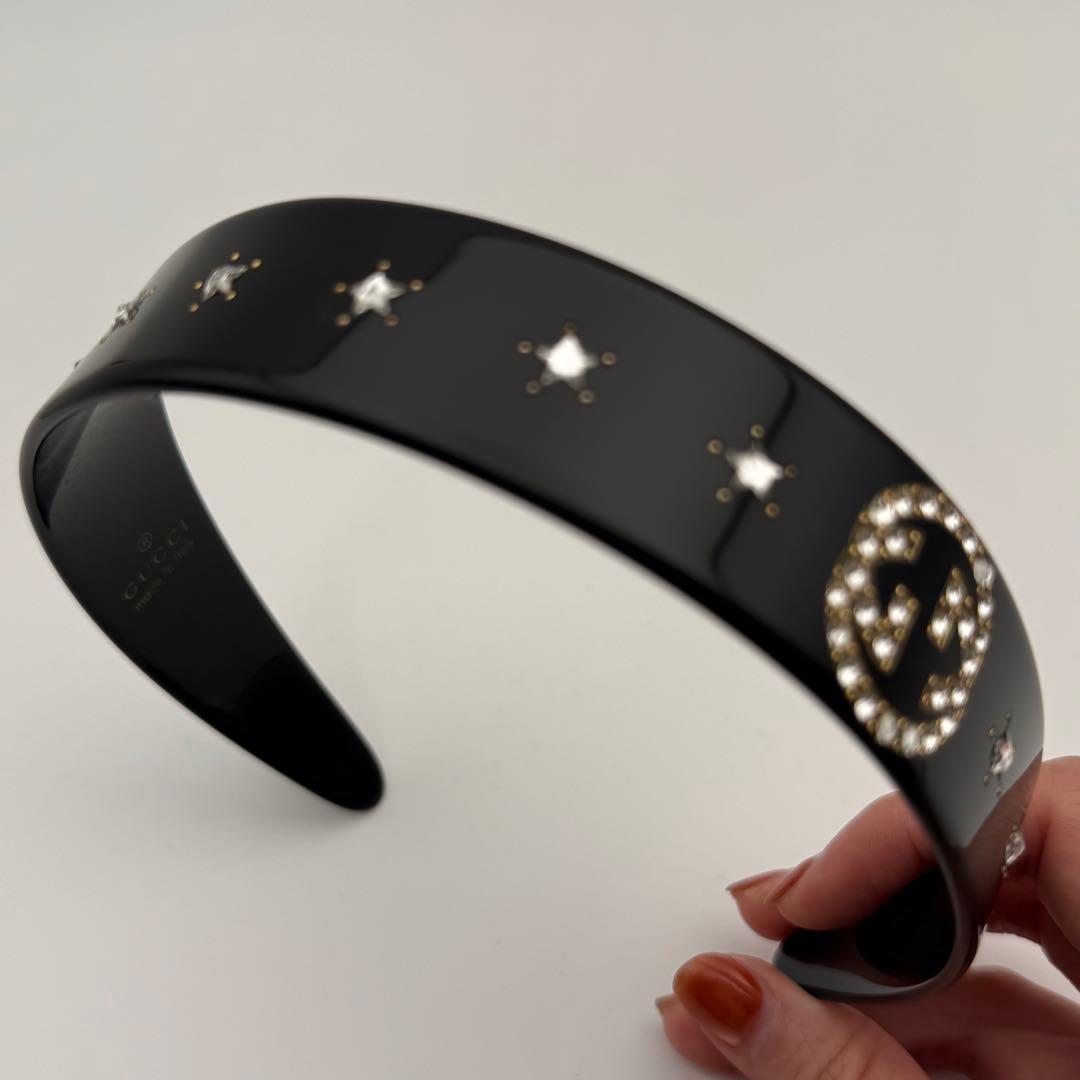 美品✨グッチ カチューシャ ヘアバンド クリスタル インターロッキングG 黒