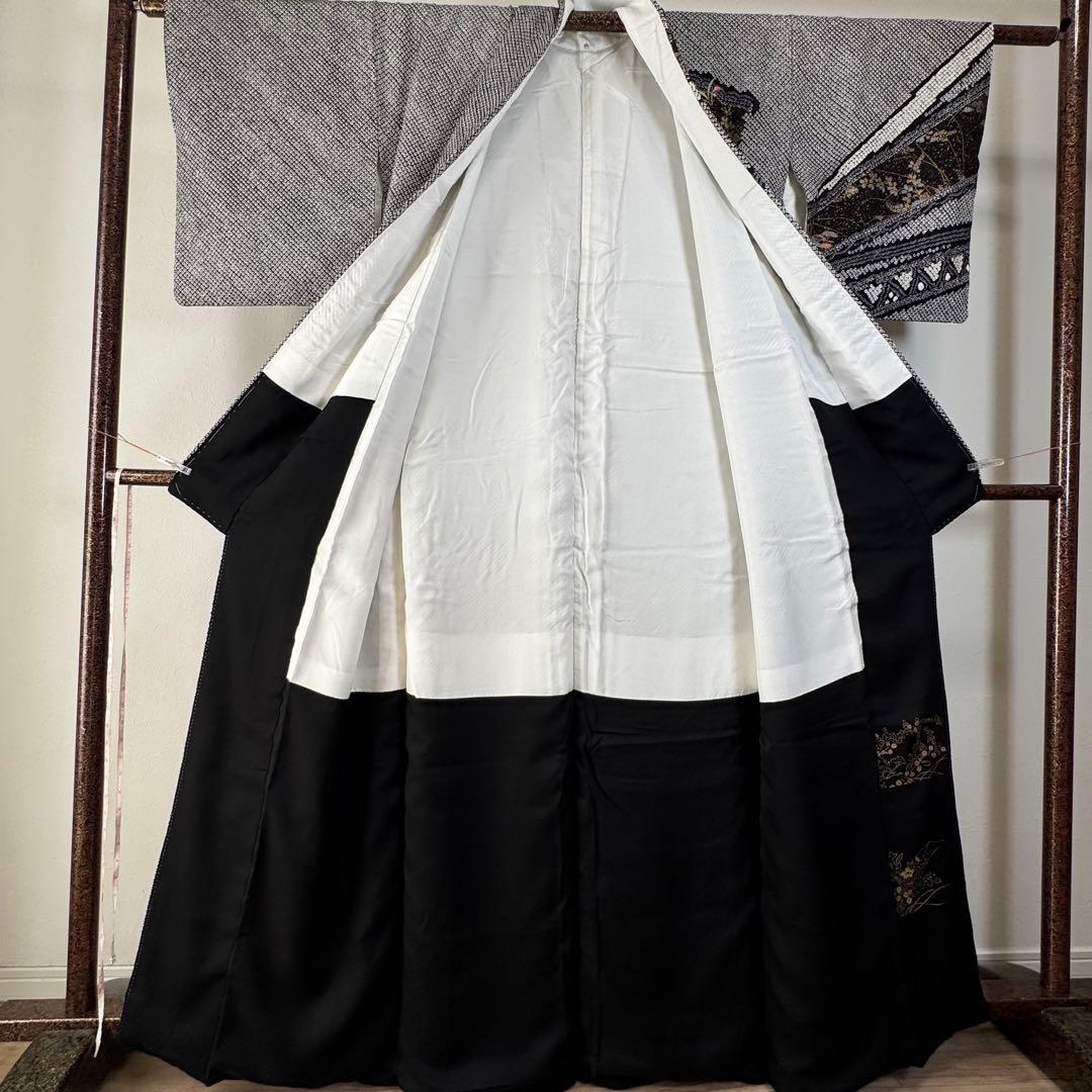 超美品　正絹　袷　訪問着　着物　168裄65 黒　総絞り　刺繍　トール　花柄