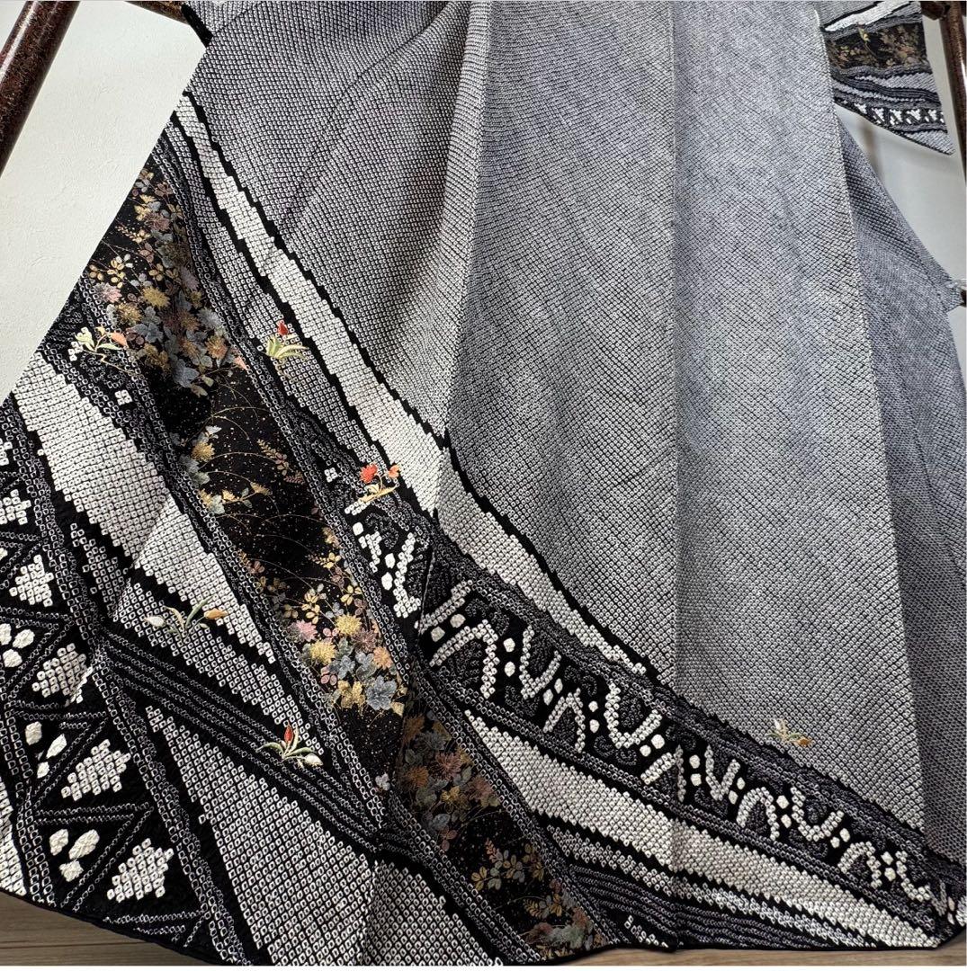超美品　正絹　袷　訪問着　着物　168裄65 黒　総絞り　刺繍　トール　花柄