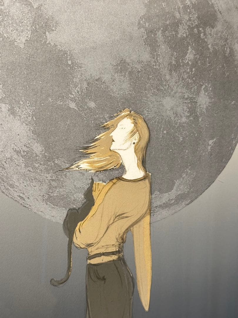 天野喜孝　【月の猫】　版画　リトグラフ　額装　直筆サイン　アールビバン社保証書付