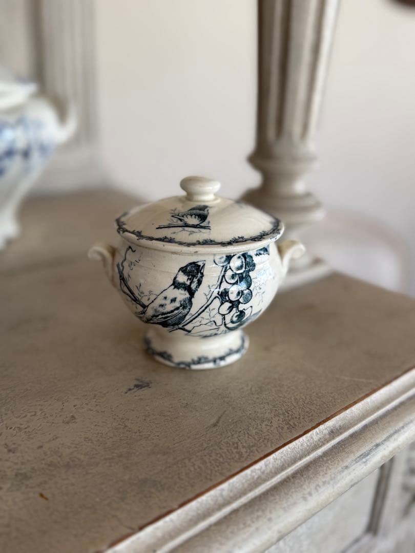 フランスアンティークデイネットおままごと陶器小鳥とベリー果実の絵柄スーピエール