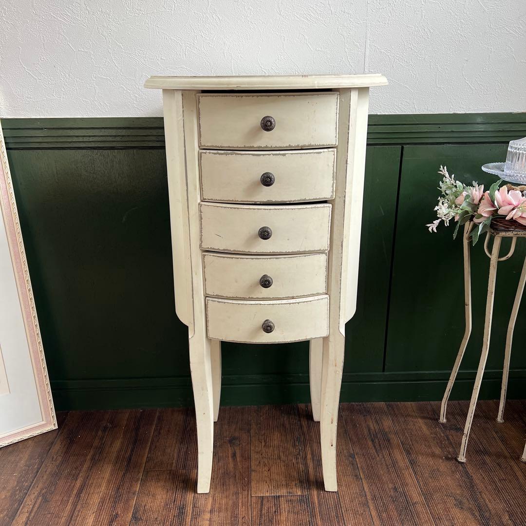 k330r119 シャビーシックなラウンド型コンソールチェスト ホワイト 5段