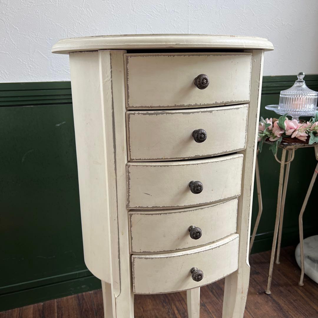 k330r119 シャビーシックなラウンド型コンソールチェスト ホワイト 5段