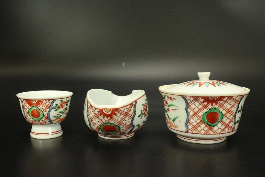 煎茶 赤絵 在銘 茶器揃い 未使用(A729)