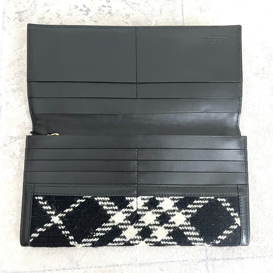 極美品✨️バーバリー チェック柄 長財布 ウール レザー モノトーン フラップ