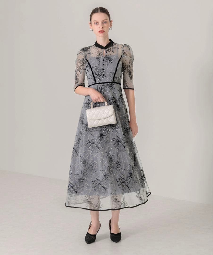 Leja配色パイピングプチハイネック花柄刺繍ラメレースロング丈ドレスワンピースS