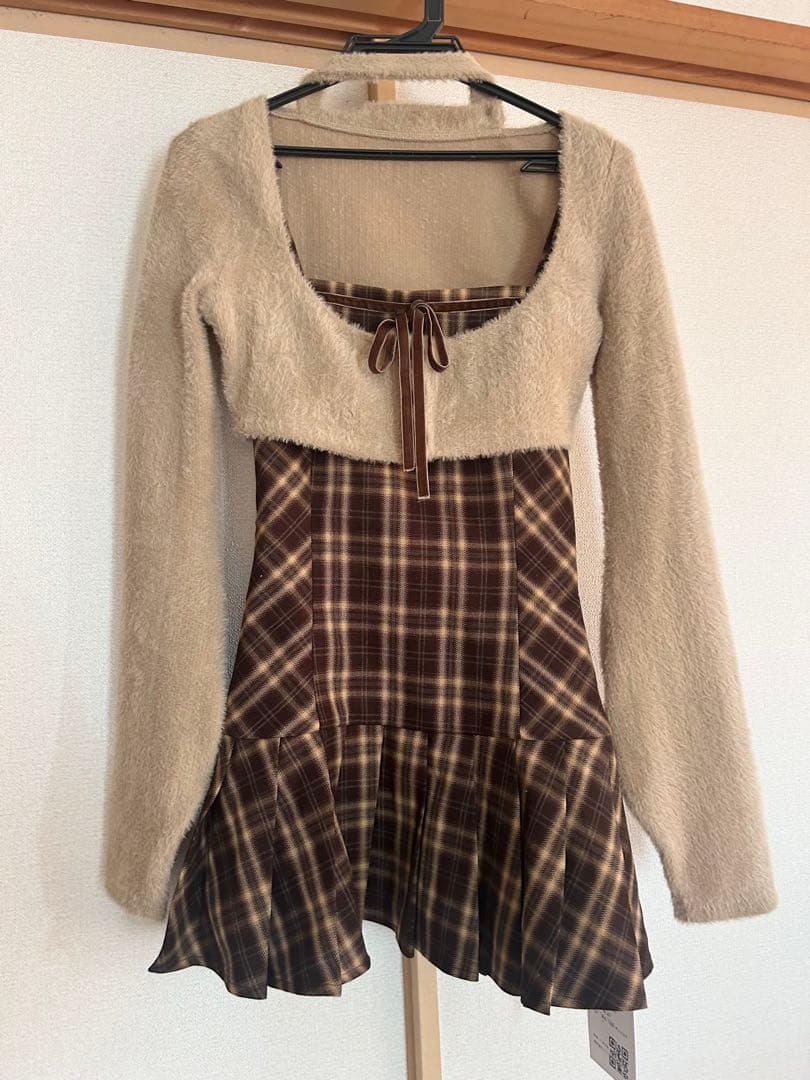 bunnylis ファーボレロ×チェックミニワンピ ブラウン S