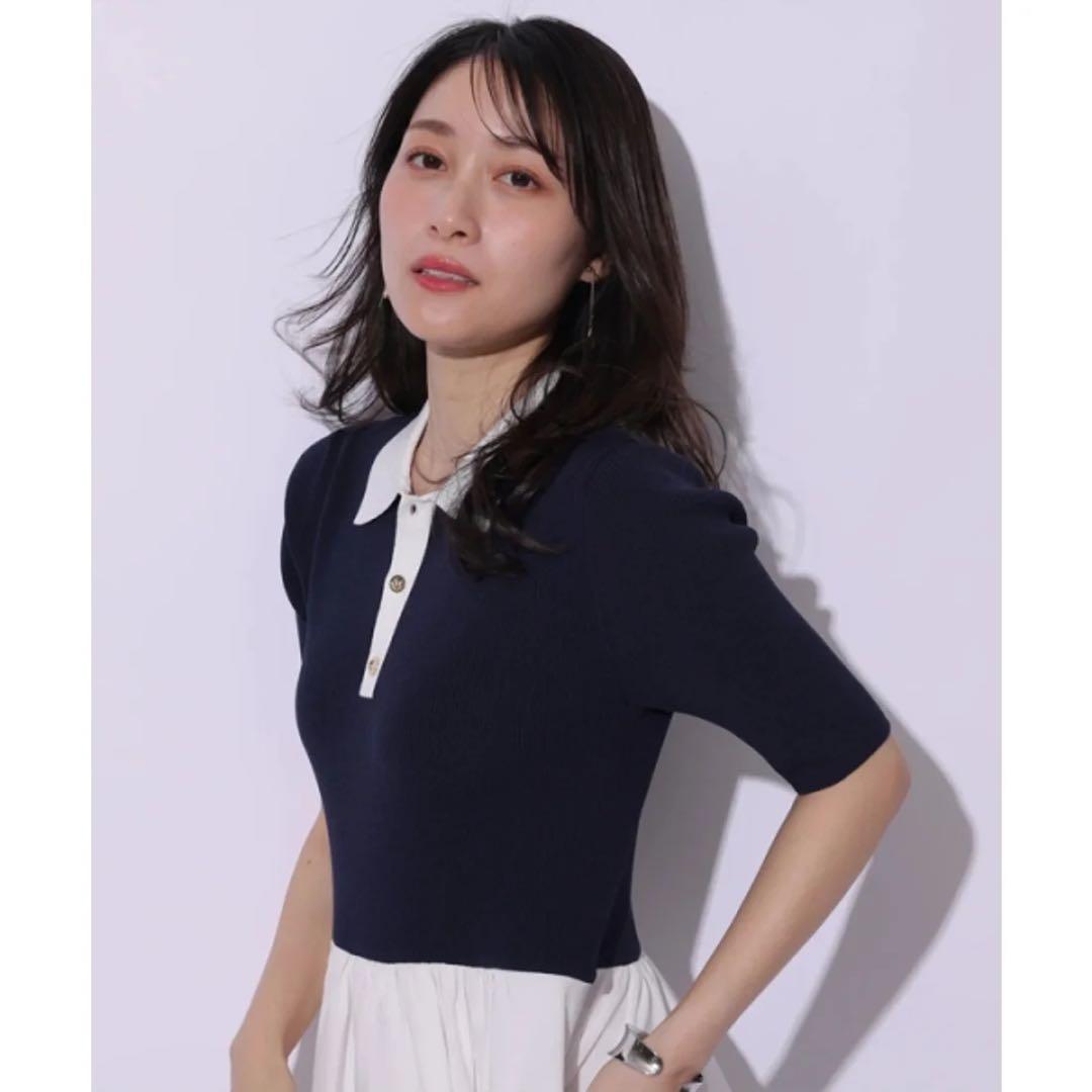 【新品未使用】アプワイザーリッシェ　襟ドッキングニットワンピース　ネイビー　S