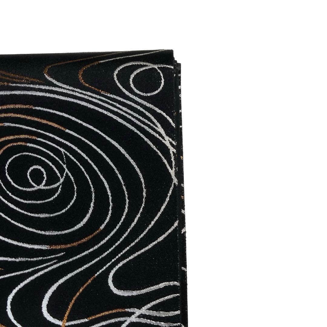 袋帯　全通　流線　渦巻き　シルバー　ブロンズ　黒地　着物　041a d