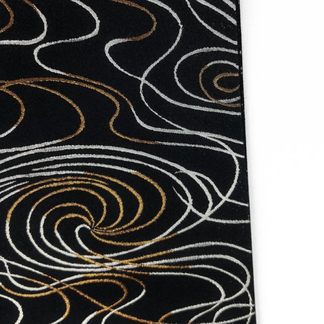 袋帯　全通　流線　渦巻き　シルバー　ブロンズ　黒地　着物　041a d