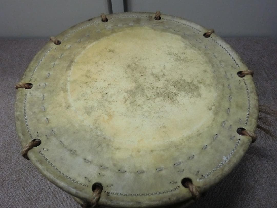 【中古品】締太鼓 面:約35cm 胴長:約15cm　バチ付き 田中太鼓店制作