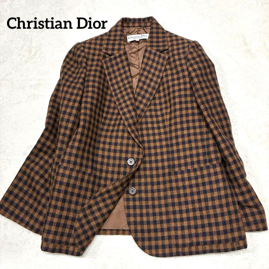 Christian Dior テーラードジャケットチェック柄 ブラウン L