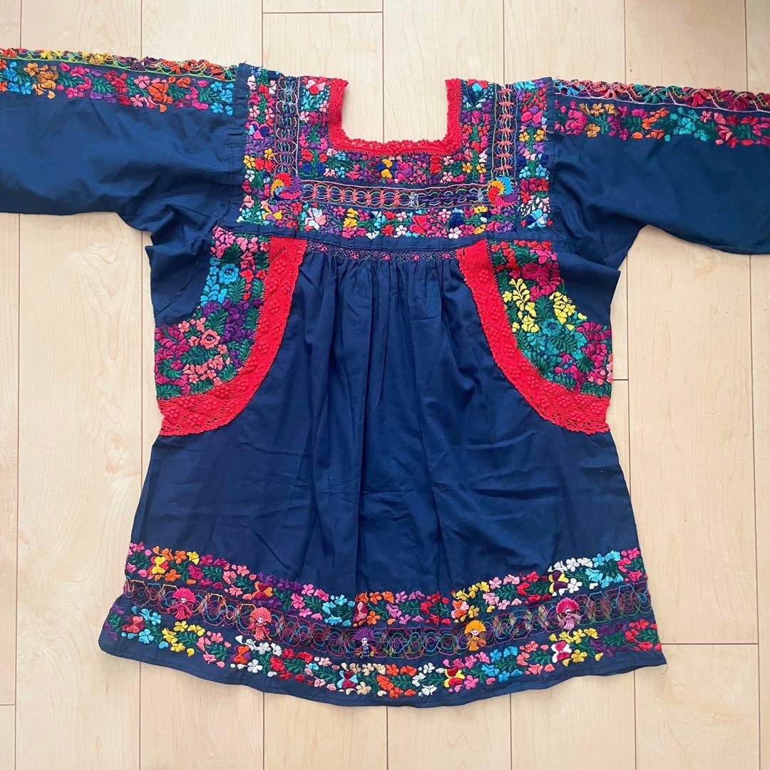 メキシコ刺繍　マリアさん　チュニック　ネイビー