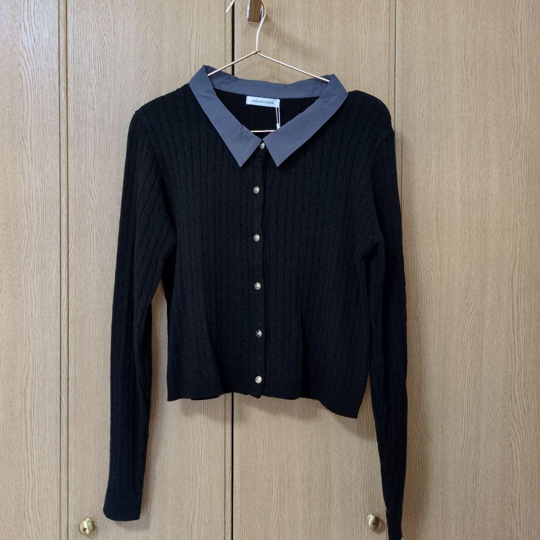⭐︎　ナチュラルクチュール　レイヤード風衿付きケーブルカーディガン