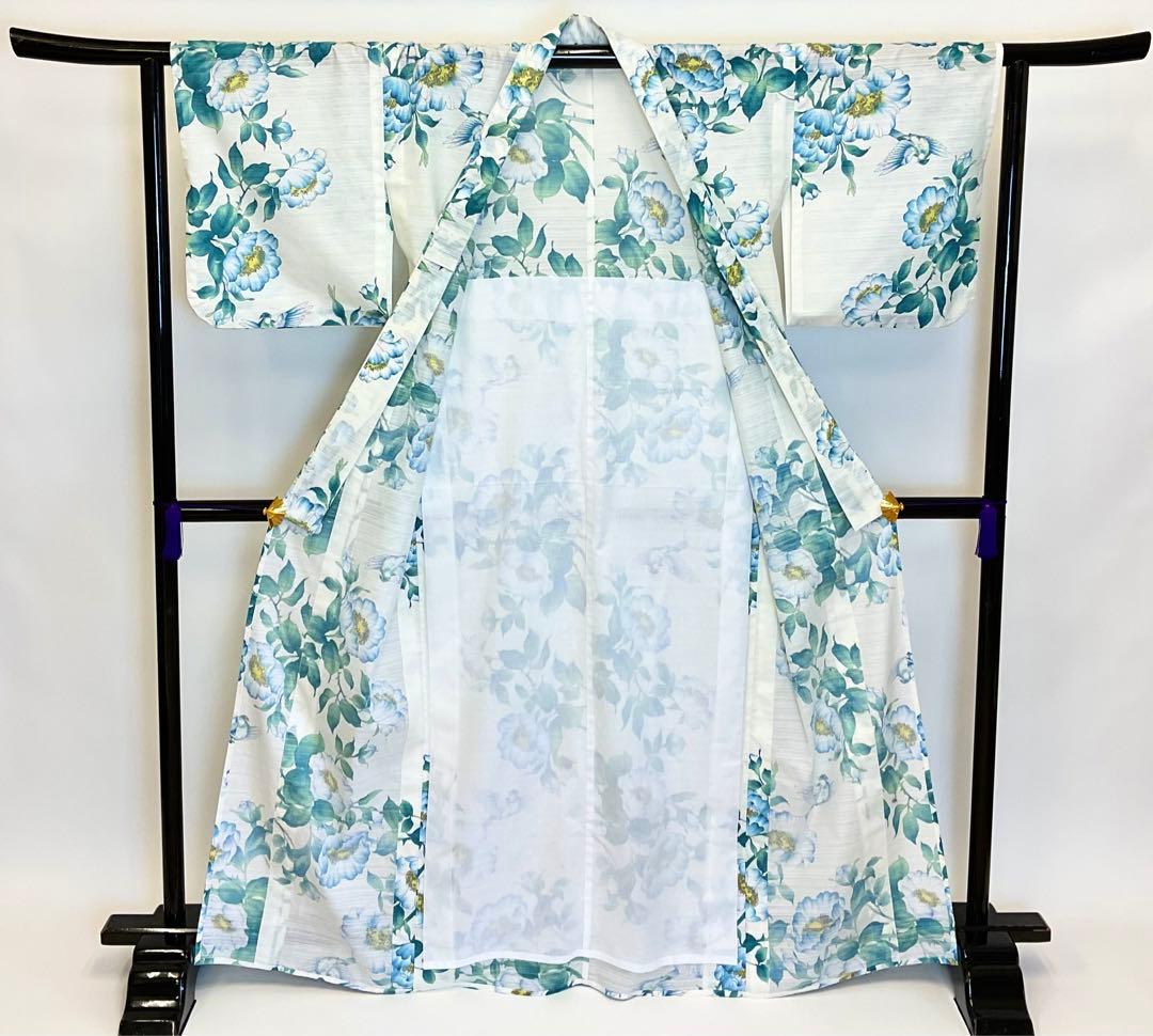 古今　綿絽浴衣　大胆で美しい野薔薇と綺麗なブルーバードの舞