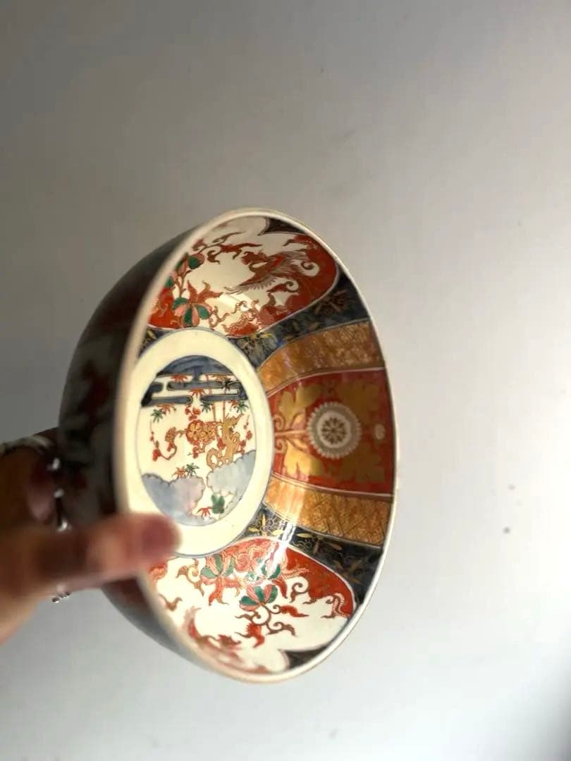 517 骨董 アンティーク 古伊万里 染付 色絵金彩窓絵鳳凰図8寸鉢 富貴長春