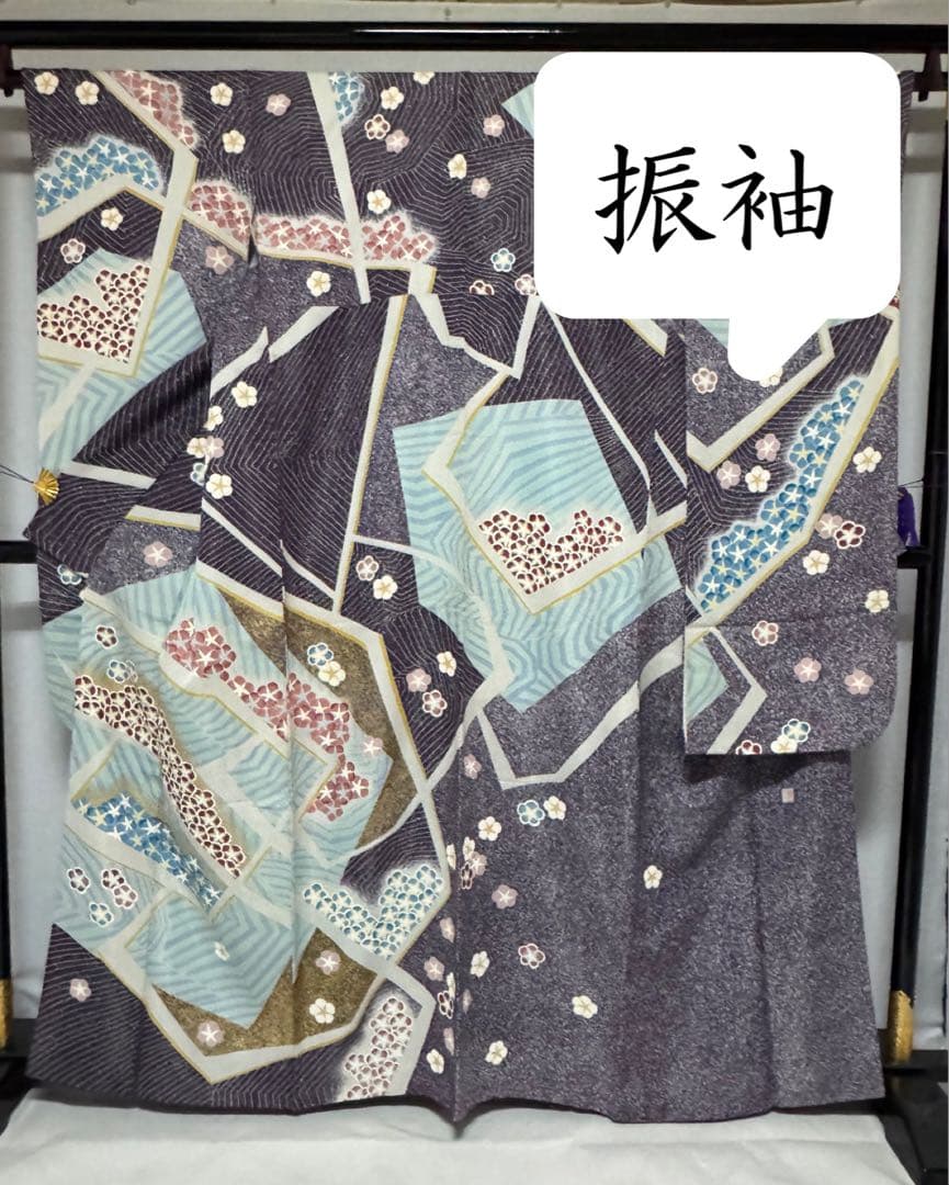 [作家物] 振袖　正絹　成人式　結婚式　紫　水色　たたき　高身長　縮緬　卒業式