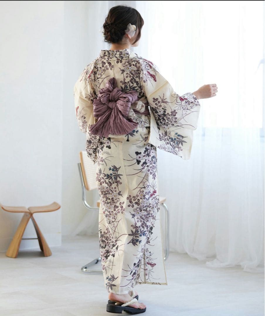 新品 未使用 花柄 浴衣 紫帯 下駄 3点セット