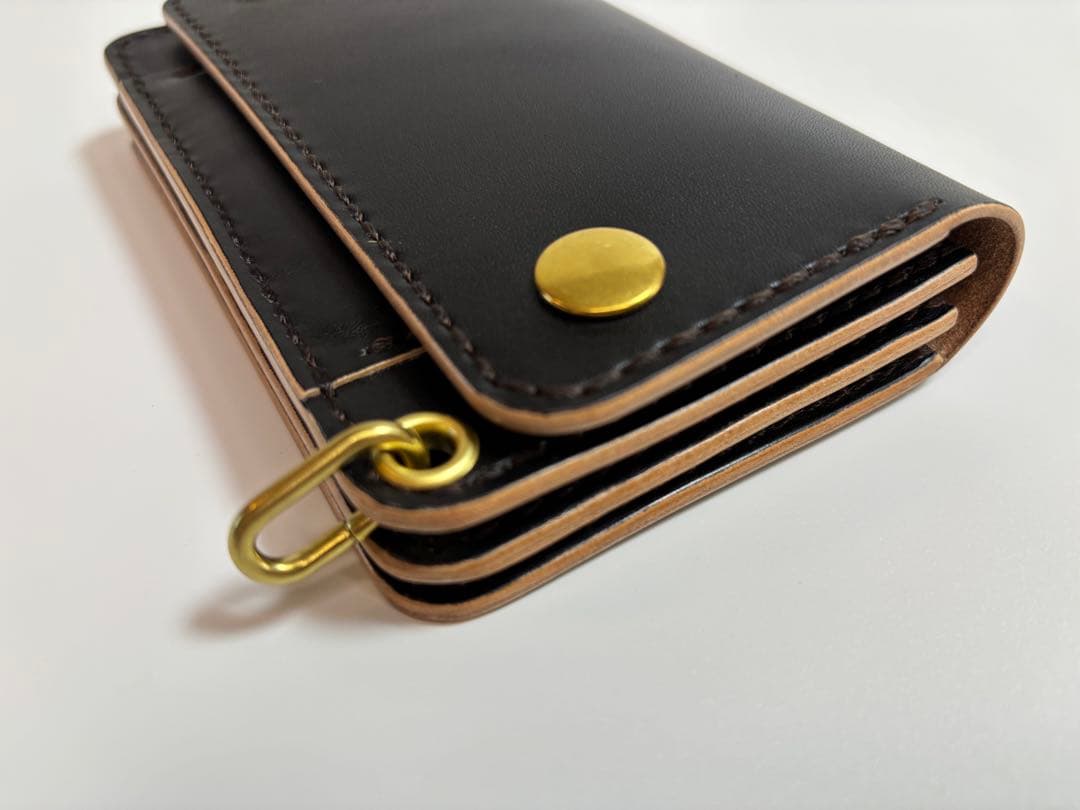 黒　ヌメ革　茶芯　丘染　トラッカーウォレット　3層　真鍮 レザークラフト