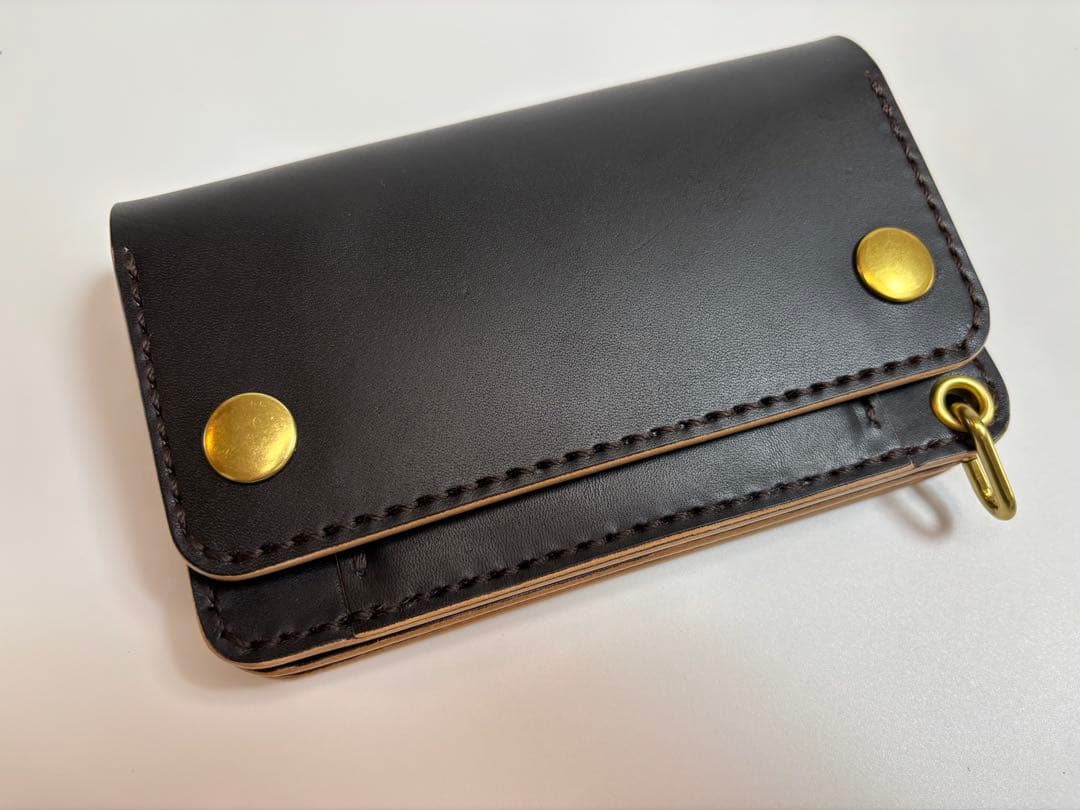 黒　ヌメ革　茶芯　丘染　トラッカーウォレット　3層　真鍮 レザークラフト