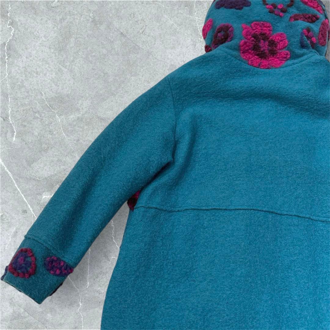 イタリア製　パネルマルチ花柄圧縮ウールコート　スタンド襟　ミドル丈　ターコイズ