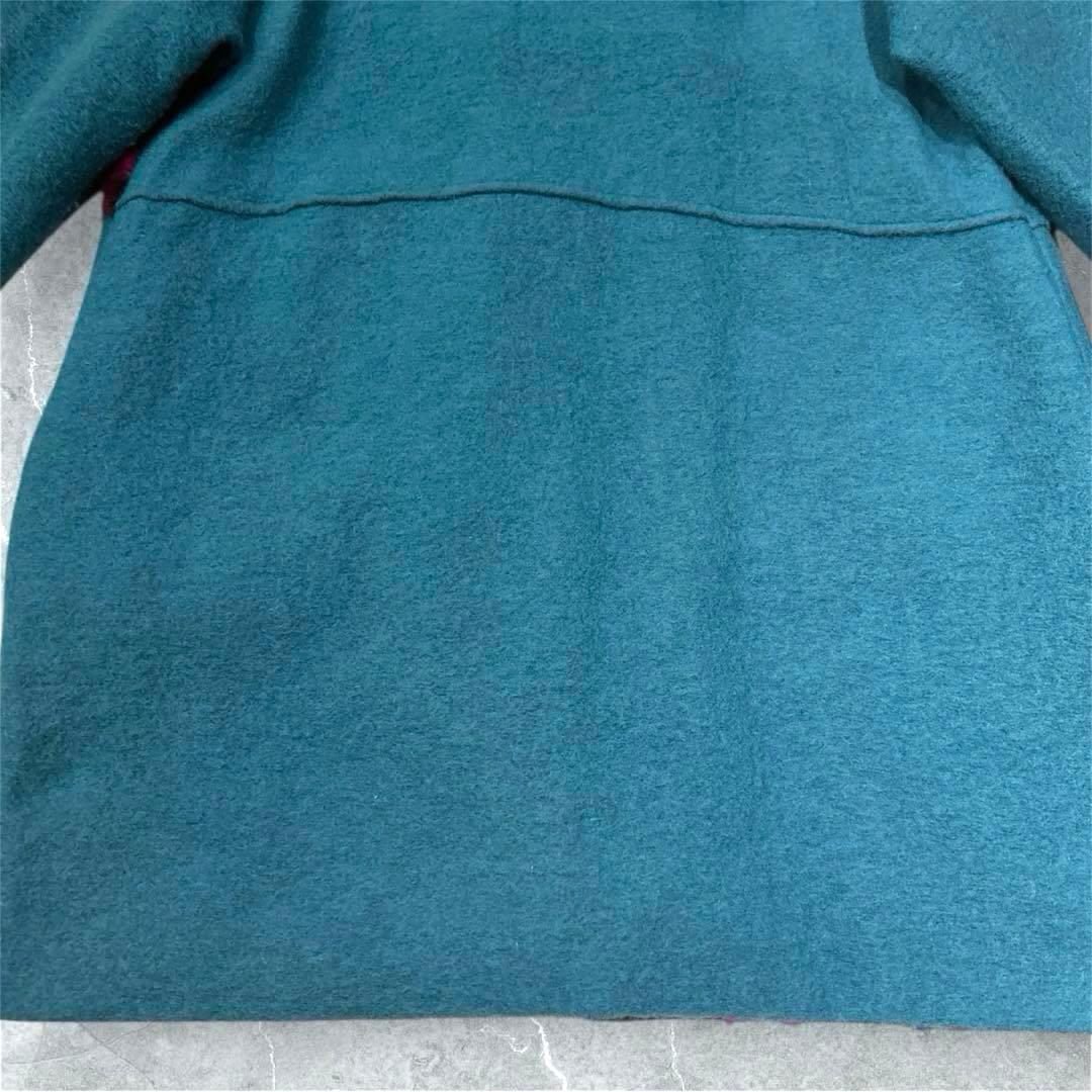 イタリア製　パネルマルチ花柄圧縮ウールコート　スタンド襟　ミドル丈　ターコイズ