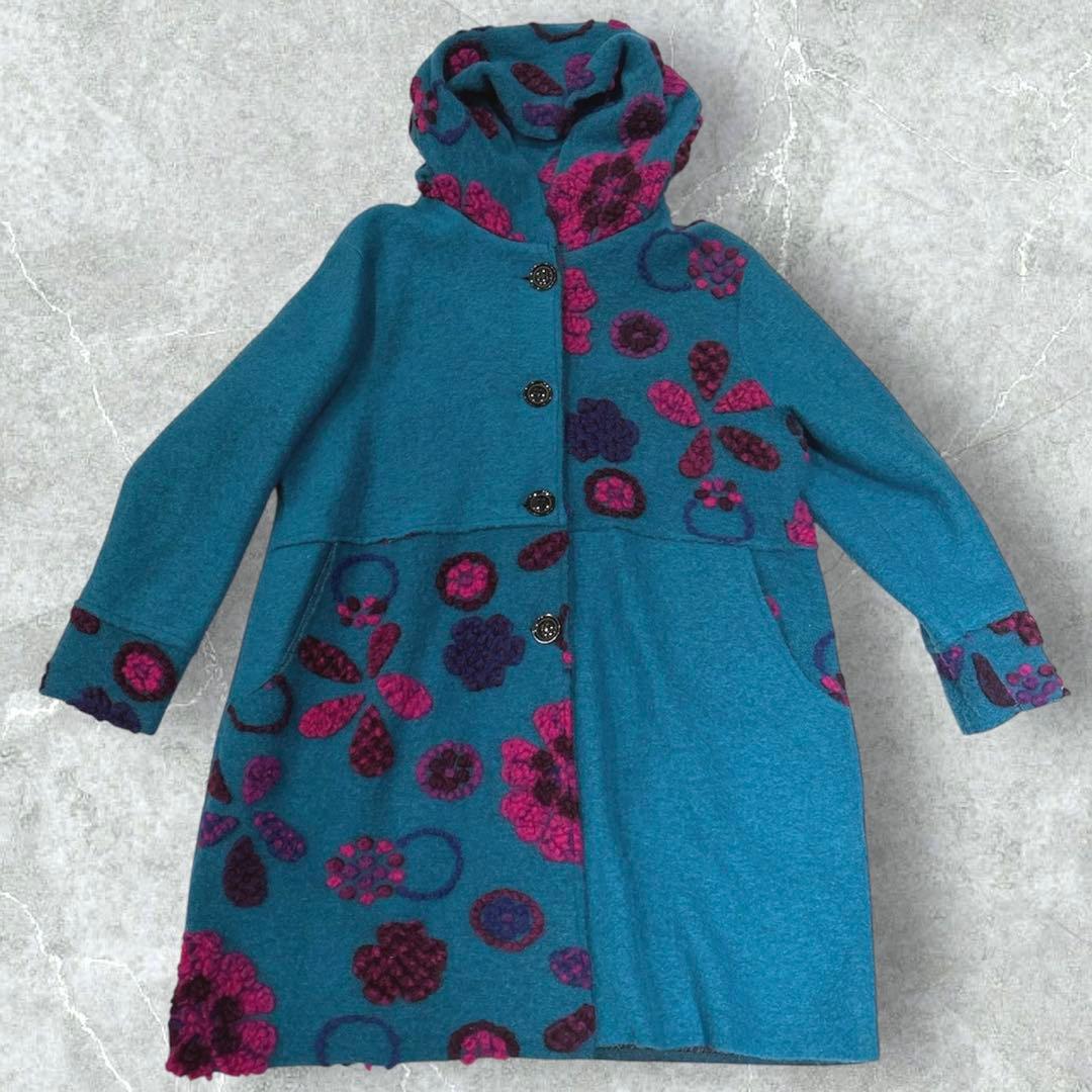 イタリア製　パネルマルチ花柄圧縮ウールコート　スタンド襟　ミドル丈　ターコイズ