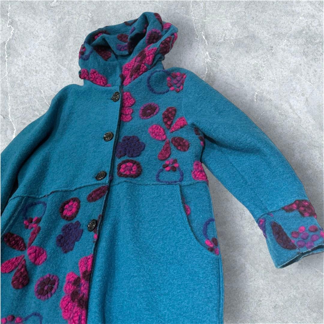 イタリア製　パネルマルチ花柄圧縮ウールコート　スタンド襟　ミドル丈　ターコイズ