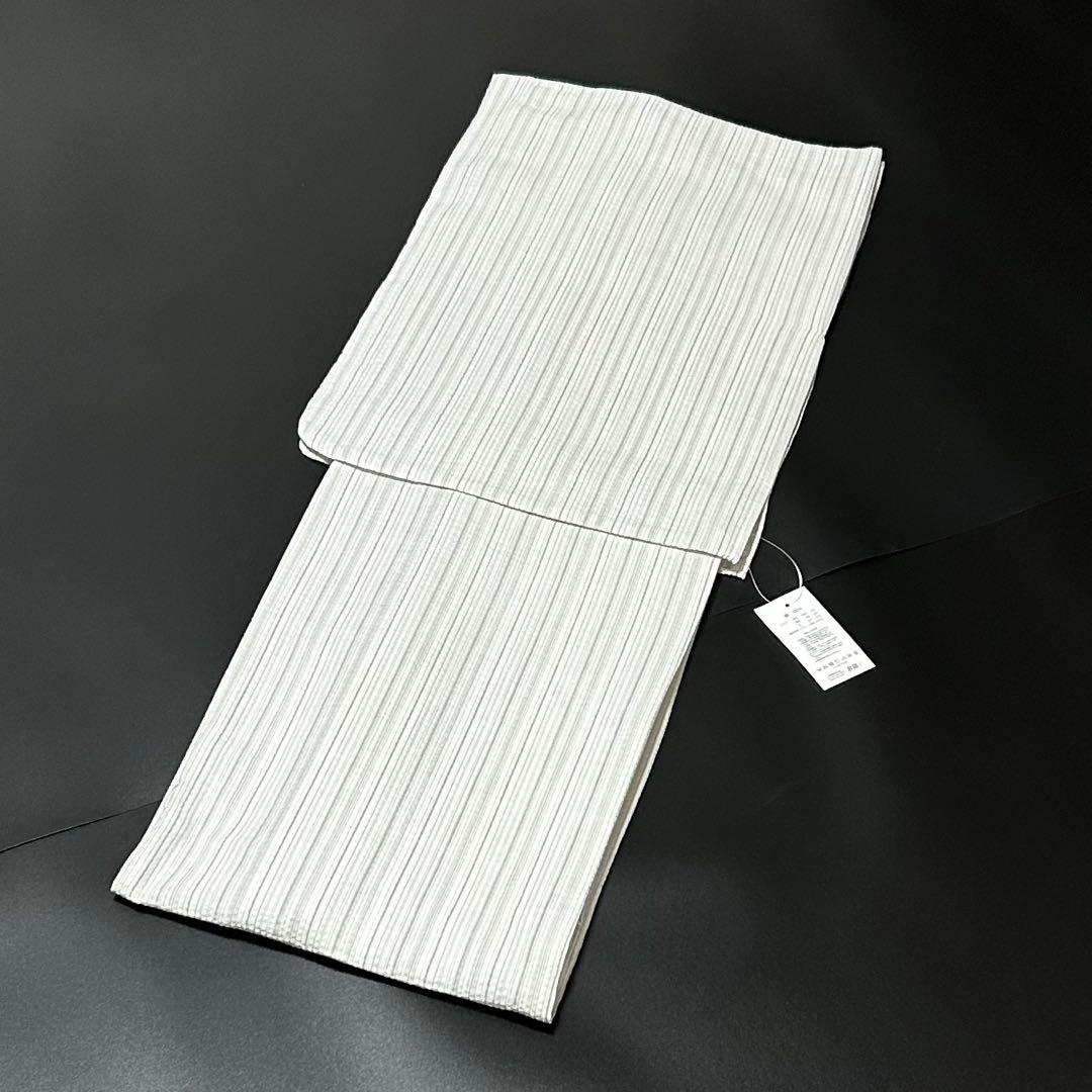 古典しじら織　浴衣　綿　粋な夏着物　縞柄　半幅帯　藍緑　帯締め　3点　0716⑪