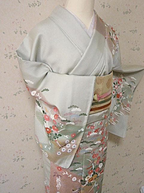 訪問着：美品-藤・桔梗・桜と菊・梅・淡いミントグリーン：袷正絹：N89