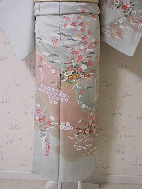訪問着：美品-藤・桔梗・桜と菊・梅・淡いミントグリーン：袷正絹：N89