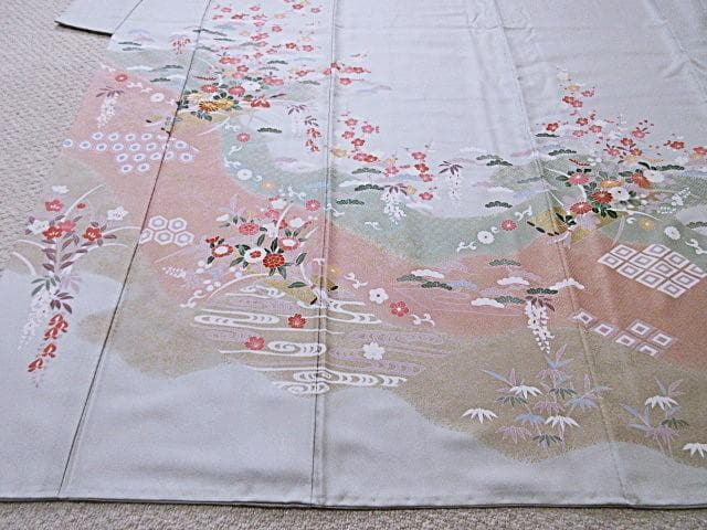 訪問着：美品-藤・桔梗・桜と菊・梅・淡いミントグリーン：袷正絹：N89