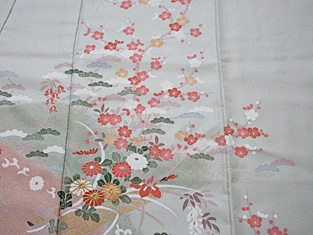 訪問着：美品-藤・桔梗・桜と菊・梅・淡いミントグリーン：袷正絹：N89