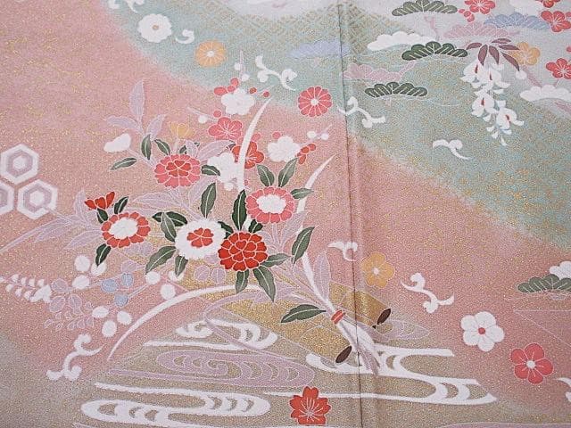 訪問着：美品-藤・桔梗・桜と菊・梅・淡いミントグリーン：袷正絹：N89