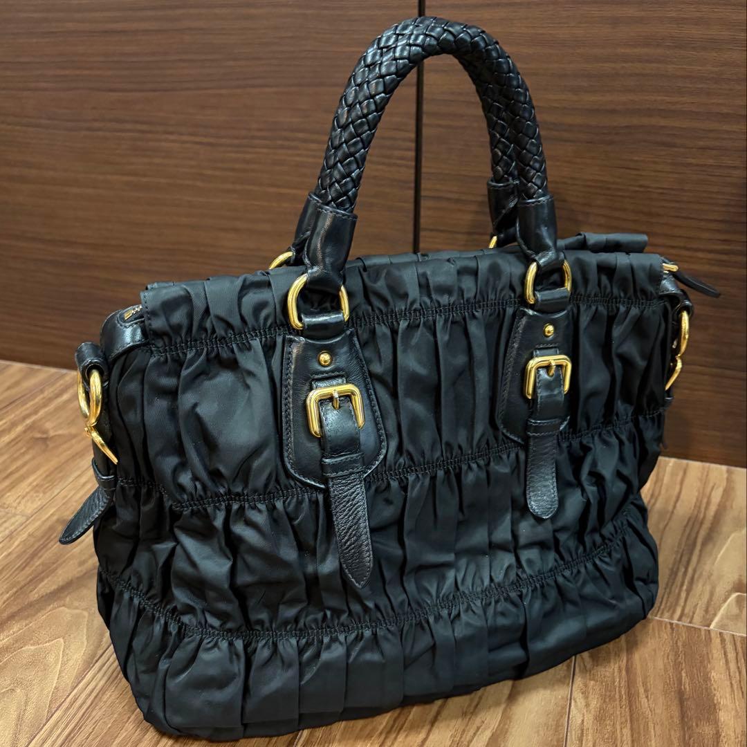 S58　美品PRADA プラダ ギャザー ハンドバッグ 2WAYショルダー