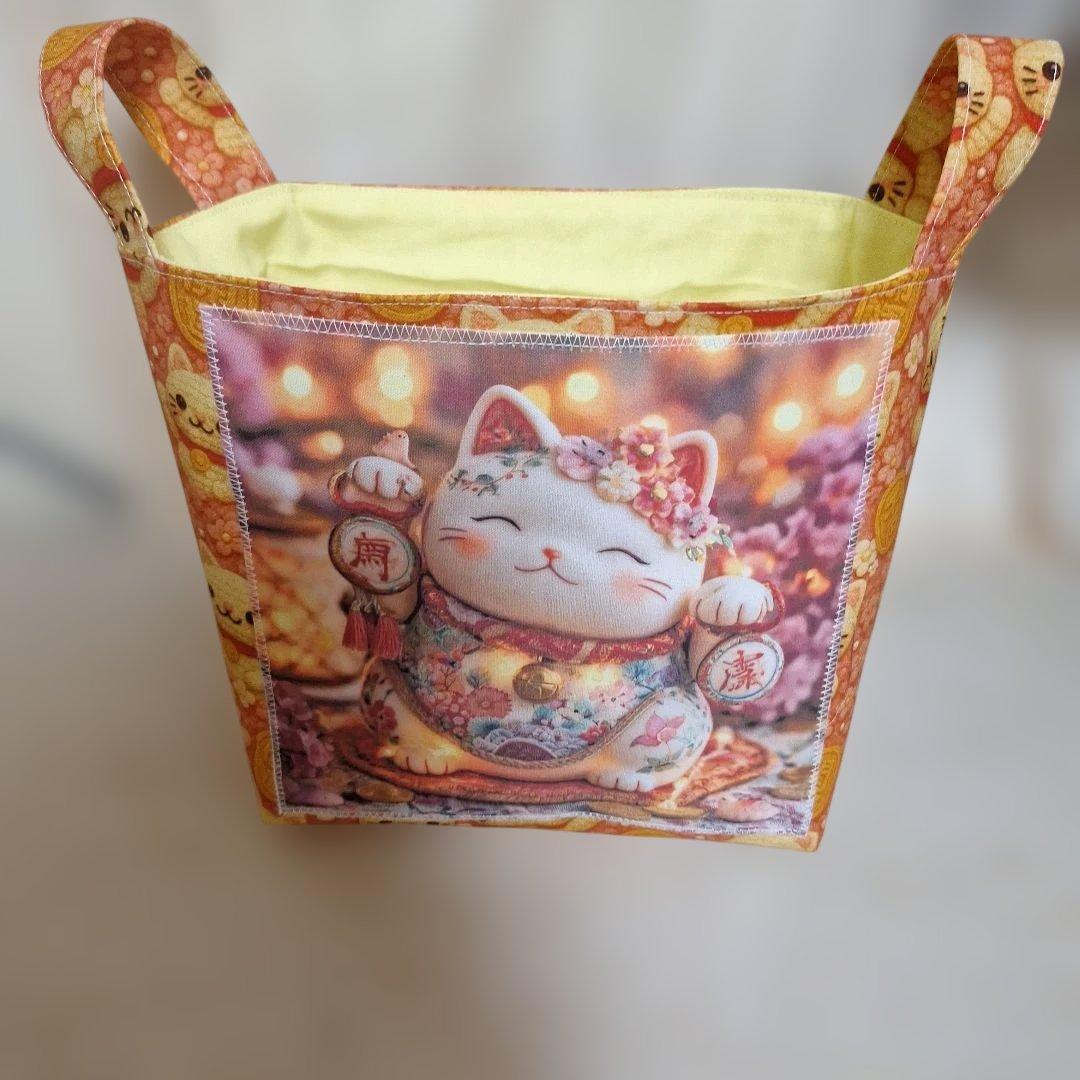 激レアねこパネル生地　ハンドメイド　ミニバック　布バスケット