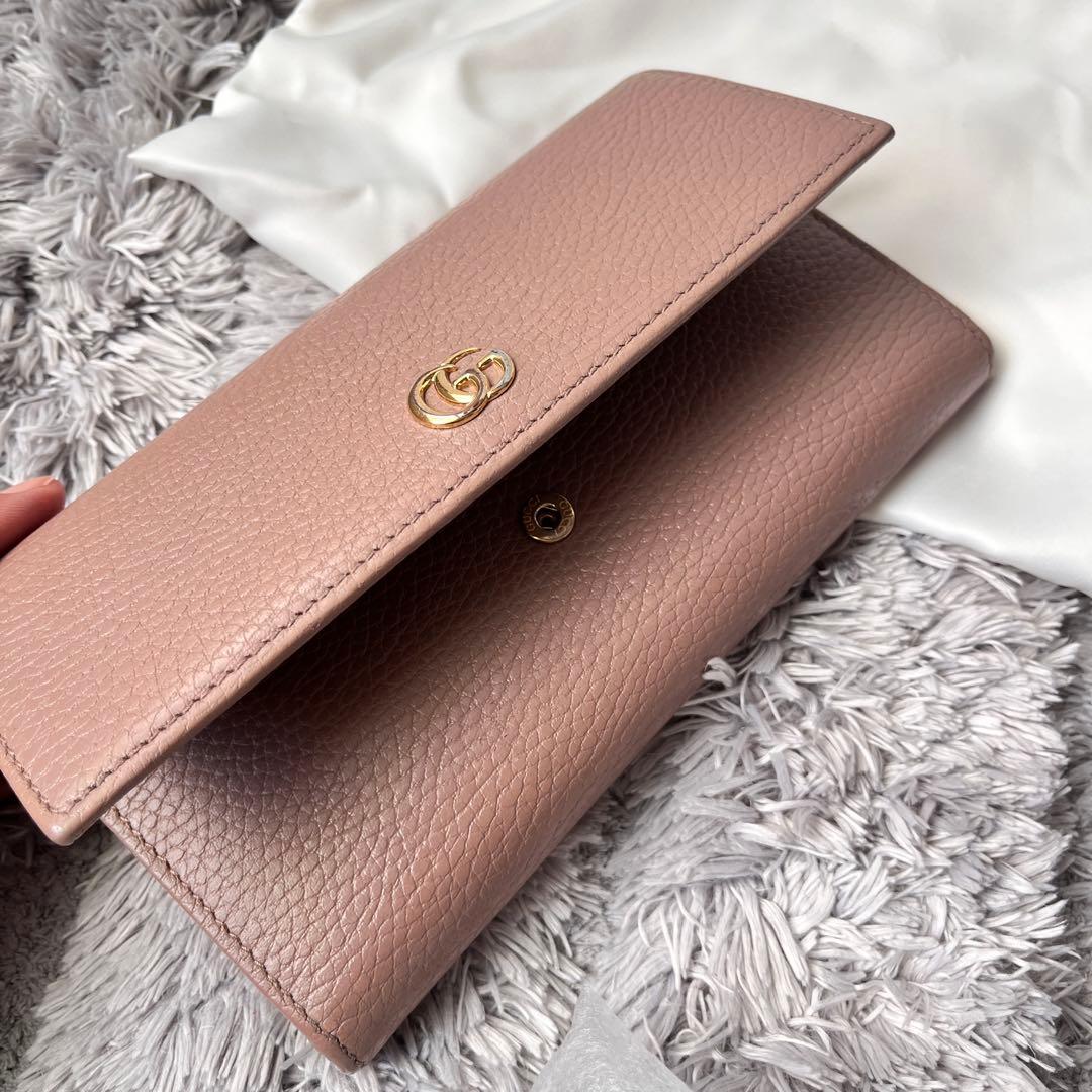 美品✨GUCCI マーモント　長財布　シボレザー　ピンクベージュ　レディース
