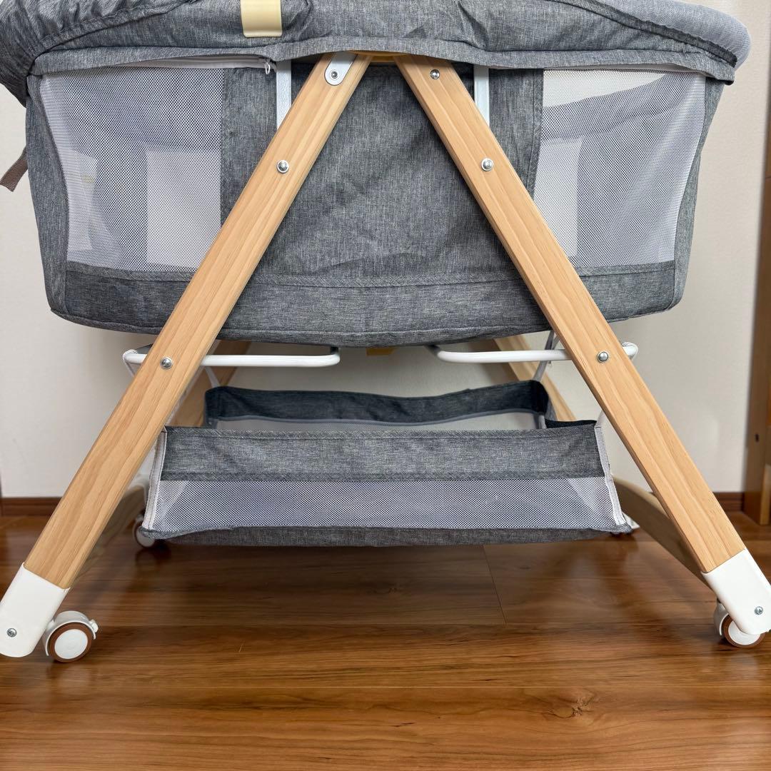 折りたたみ式ベビーベッド 収納かご付き グレー コンパクト