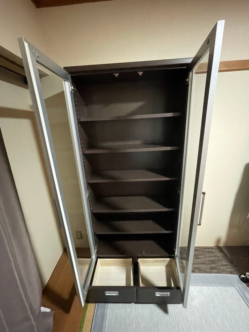 【(購入前コメ必須プロフ必読)】ガラス扉本棚 ダークブラウン 可動棚付き