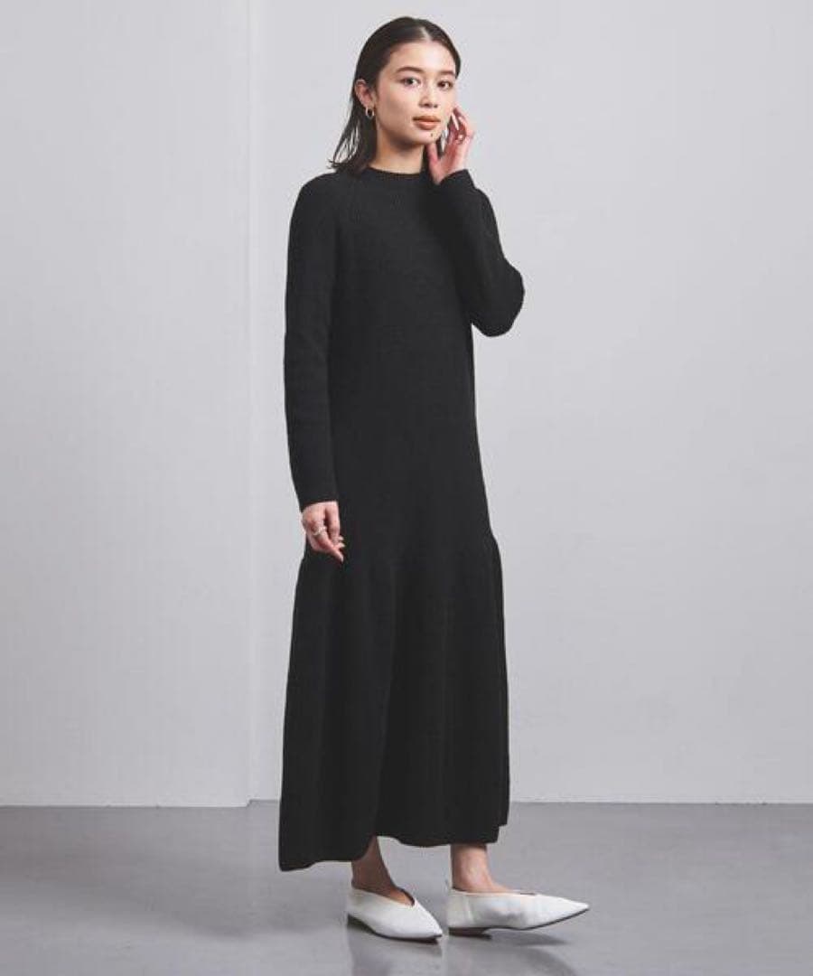 UNITED ARROWS 片畦編みティアードニットワンピース ウール100%黒
