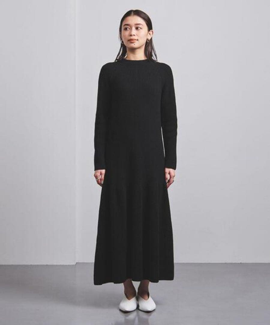 UNITED ARROWS 片畦編みティアードニットワンピース ウール100%黒