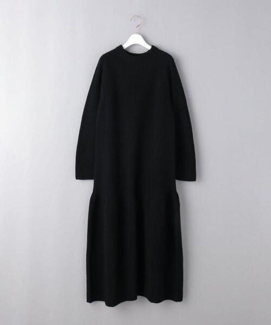 UNITED ARROWS 片畦編みティアードニットワンピース ウール100%黒
