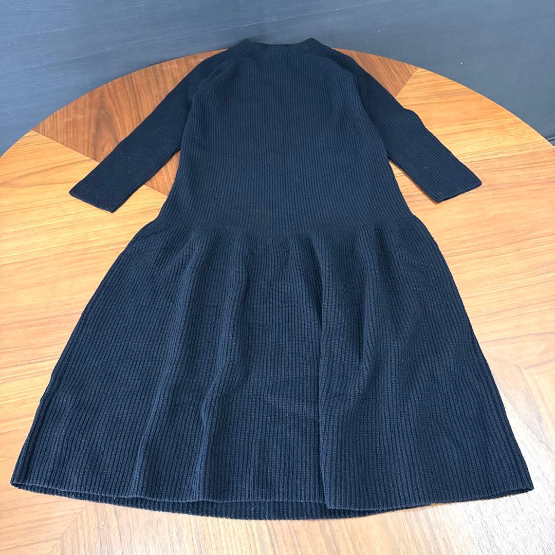 UNITED ARROWS 片畦編みティアードニットワンピース ウール100%黒