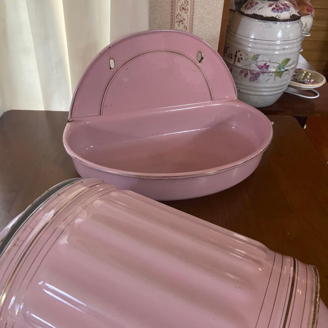 土日日曜日お値下げアンティークフランスホーローファウンテンピンク