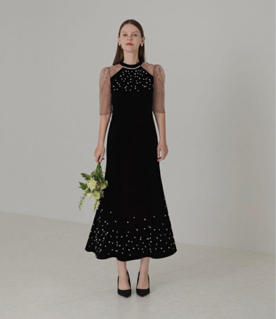 Leja シアースリーブパールビジューベロアマーメイドドレスワンピース 結婚式