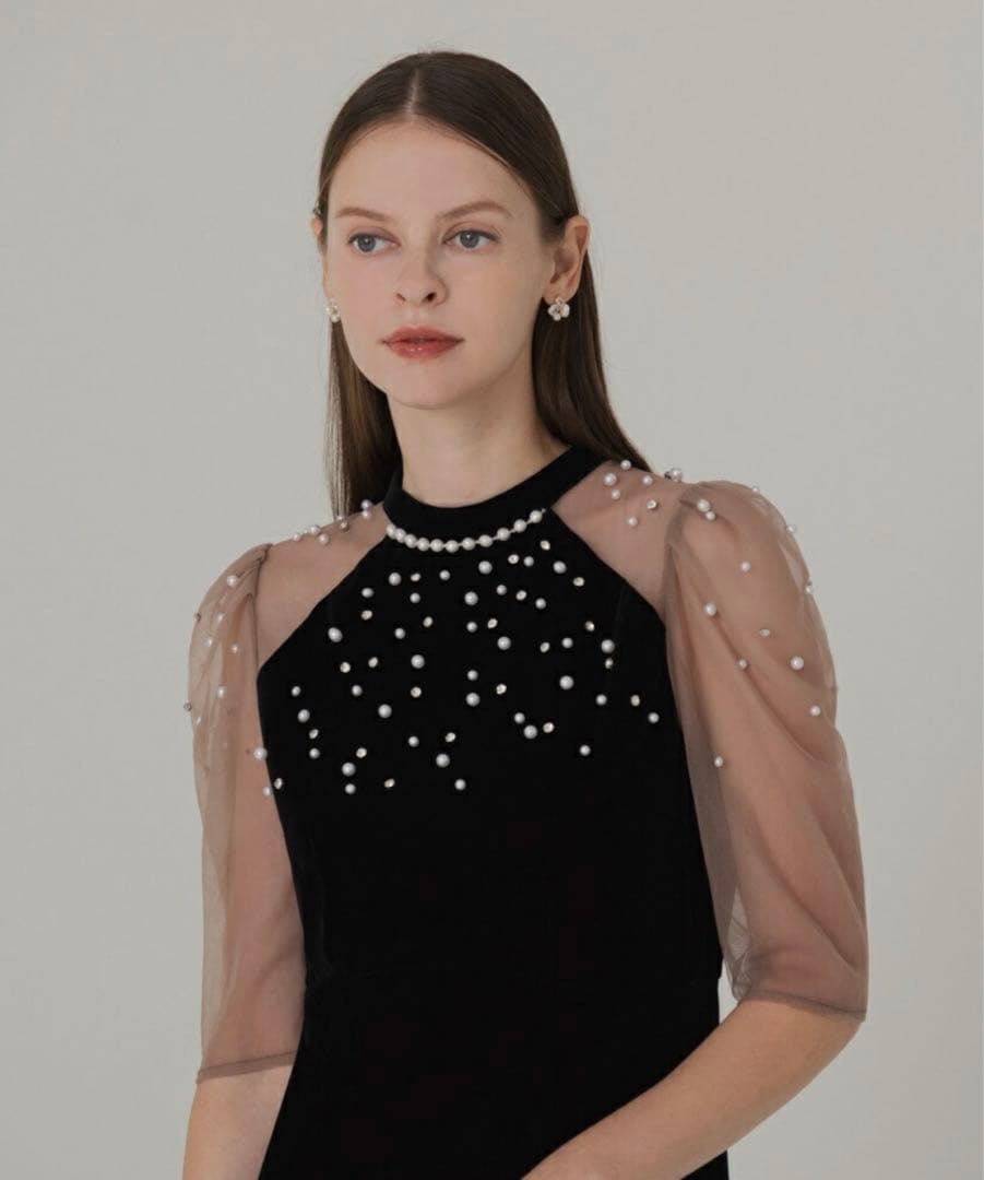 Leja シアースリーブパールビジューベロアマーメイドドレスワンピース 結婚式