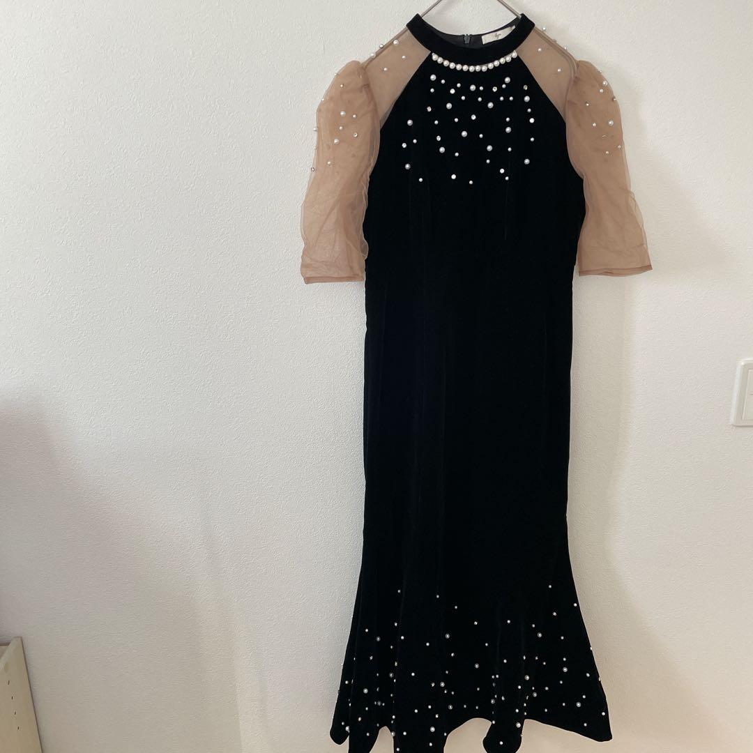 Leja シアースリーブパールビジューベロアマーメイドドレスワンピース 結婚式