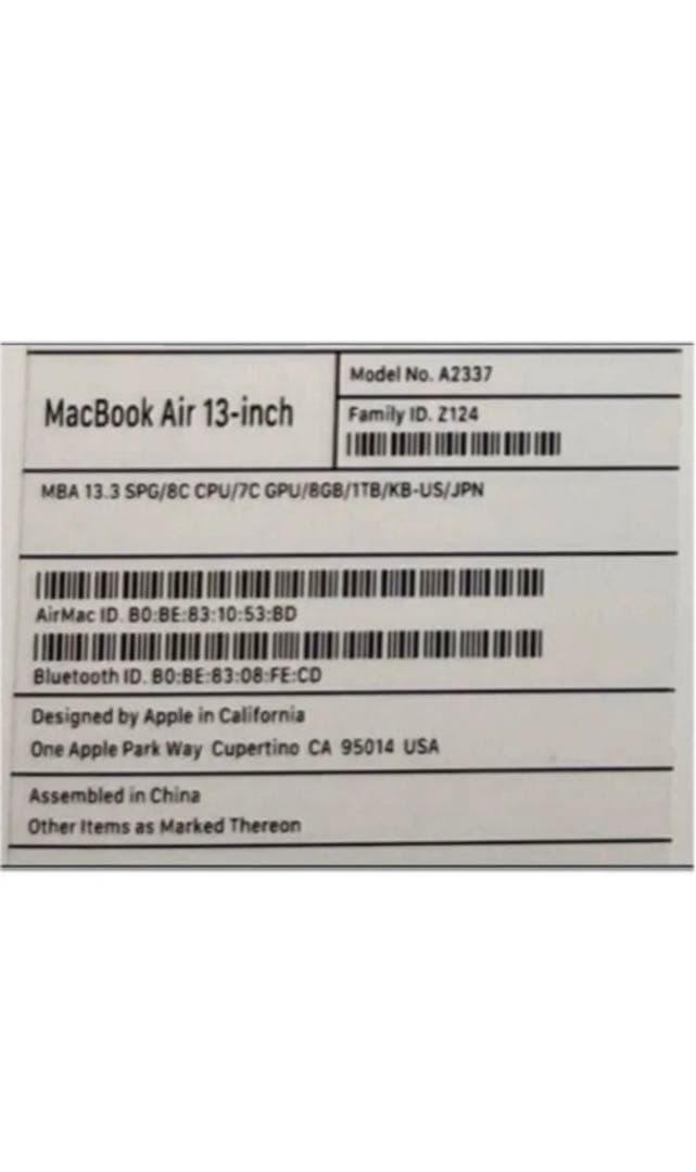 K*y様 未使用 充電回数0 Apple MacBook Air M1 2020
