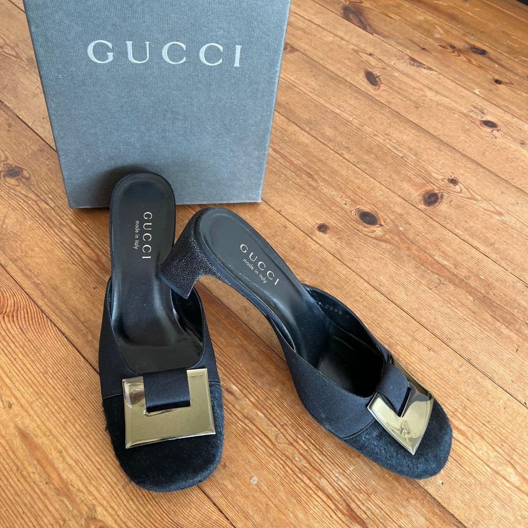 GUCCI グッチ スクエアトゥ ハラコ ミュール シルバーバックル ビーズ